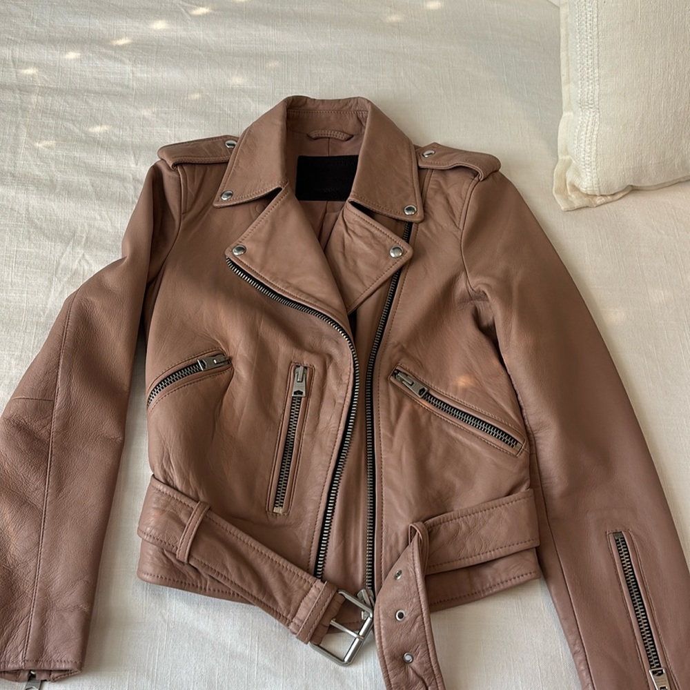 New ALLSAINTS Balfern Belted Leather Biker Jacket US 2 EU 34 Pink Mauve Rose